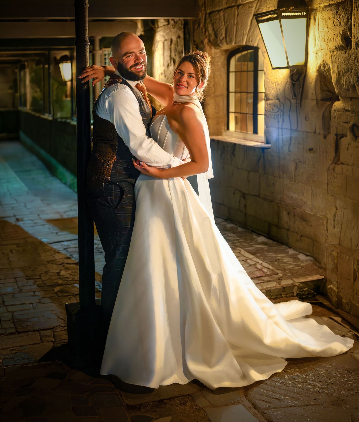Romantic night portrait of the bride & groom outside the historic Saxon Mill in Warwickshire – SimplyGreatShots Photography