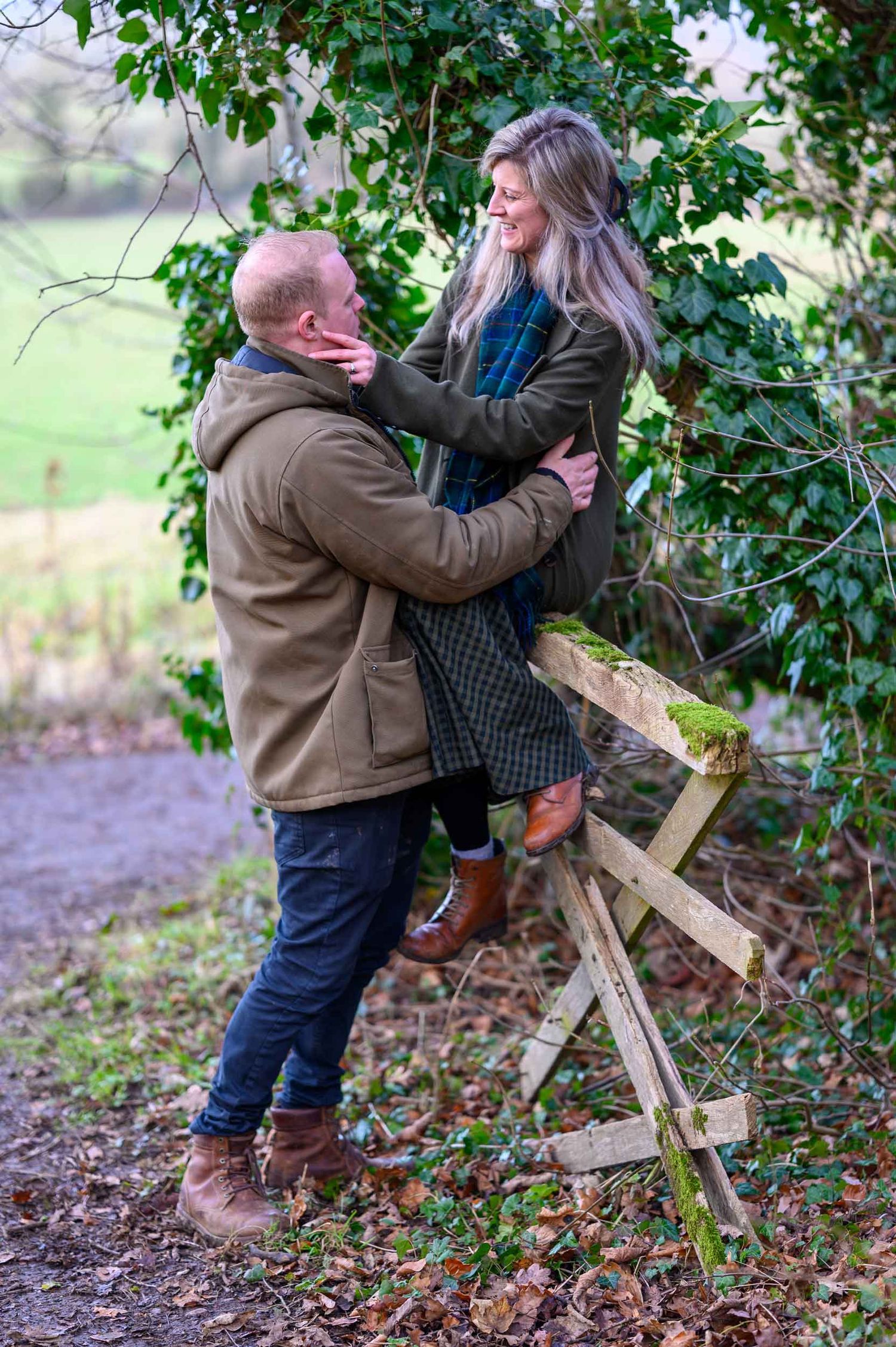 A tender moment between a happy couple is captured by a Leicestershire wedding photographer as part of a pre-wedding photoshoot