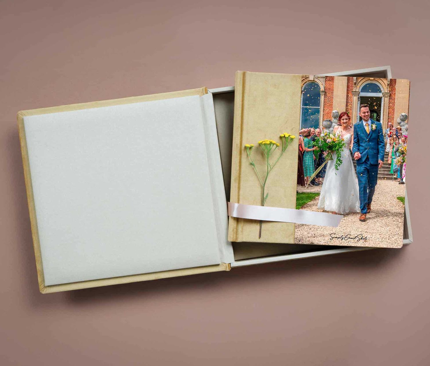 A beautiful wedding album with a bride and groom on the front cover