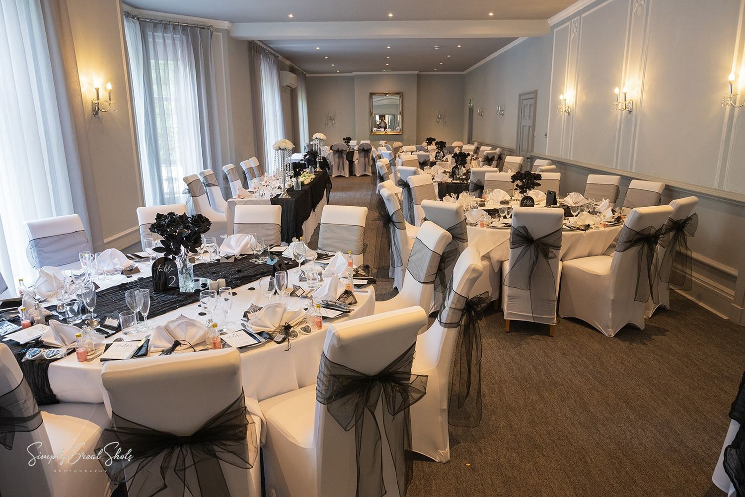 Southcrest Manor dressed in grey & black tones and ready for the wedding breakfast.