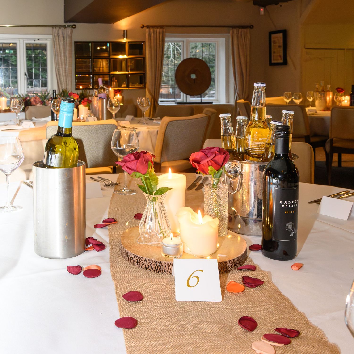 Wedding breakfast table decor with wine, beer & candlelight at the Saxon Mill, Warwickshire – SimplyGreatShots Photography