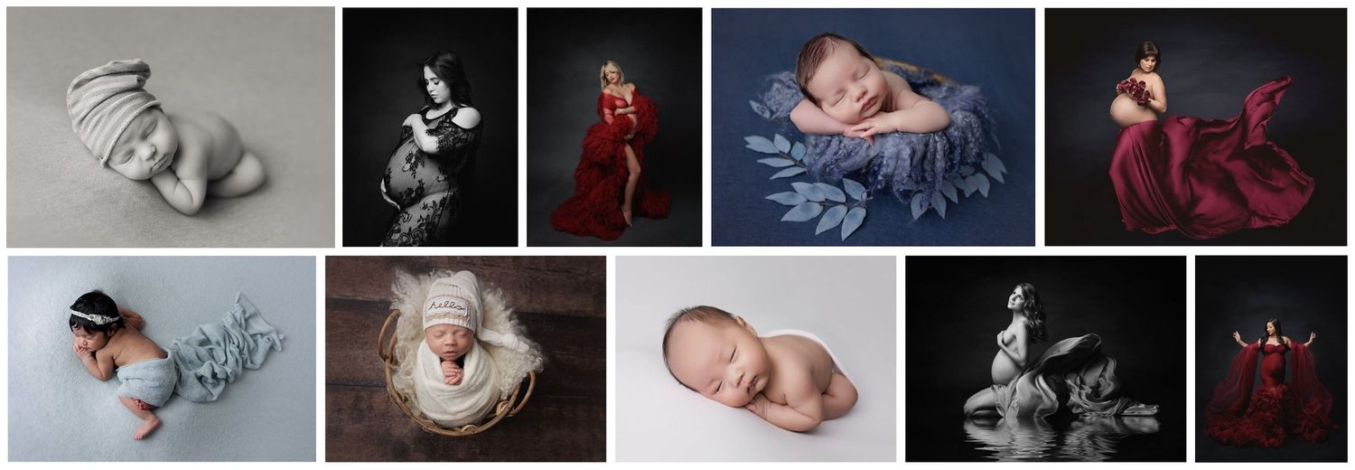 Austin newborn photography collage featuring multiple studio newborn portrait setups and maternity styled poses