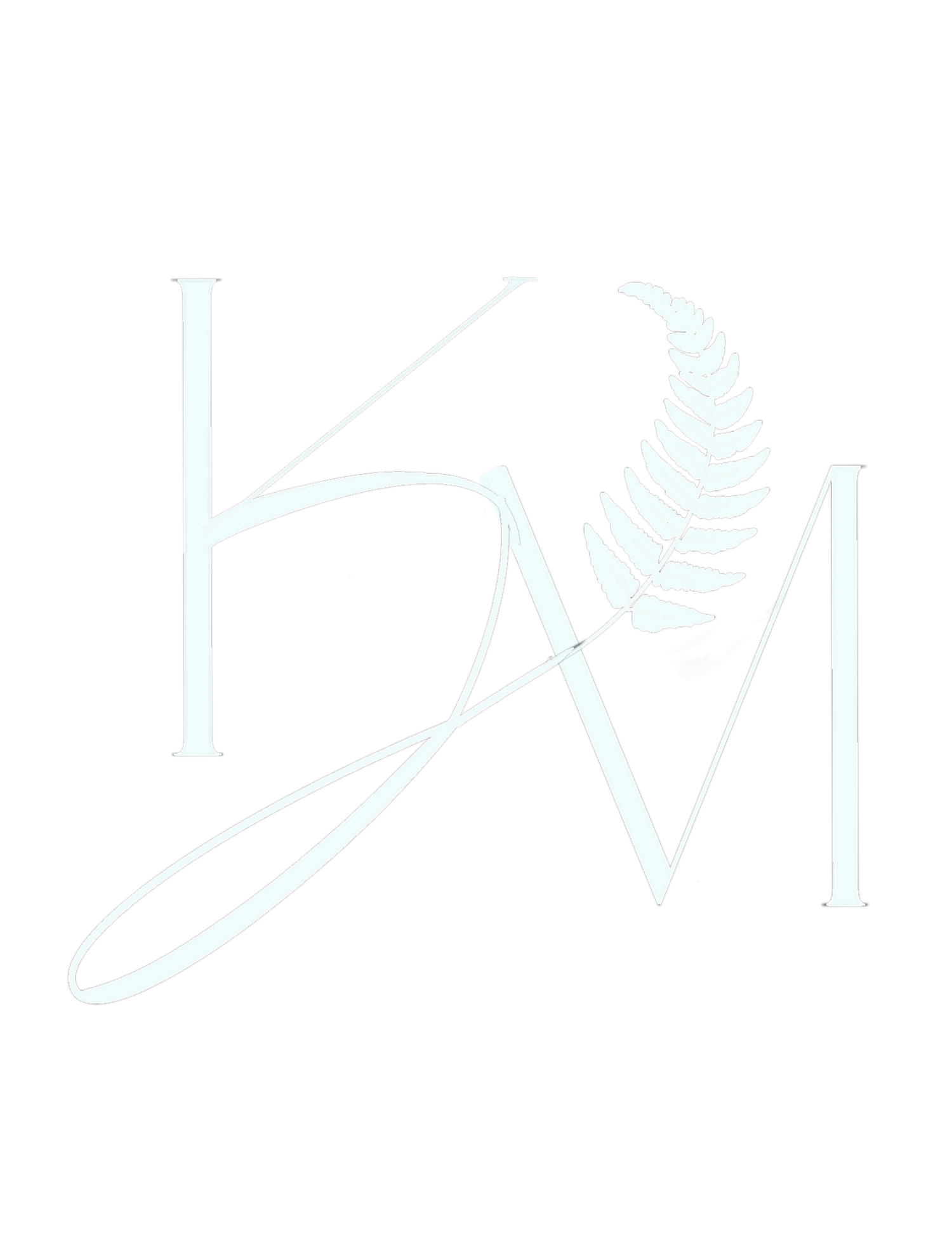Delicate light blue KM monogram logo with fern botanical illustration in minimalist outline style.