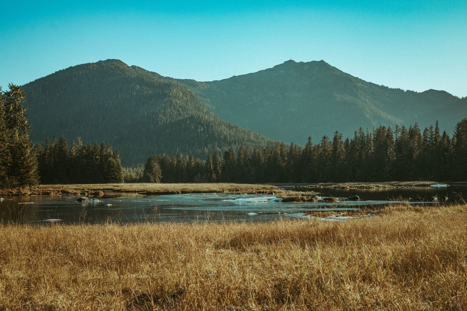 A serene mountain landscape with pine forests reflecting in a calm lake.