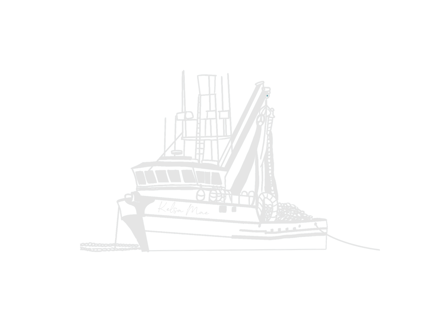 Minimalist white line art illustration of a commercial fishing trawler boat on a clean white background.