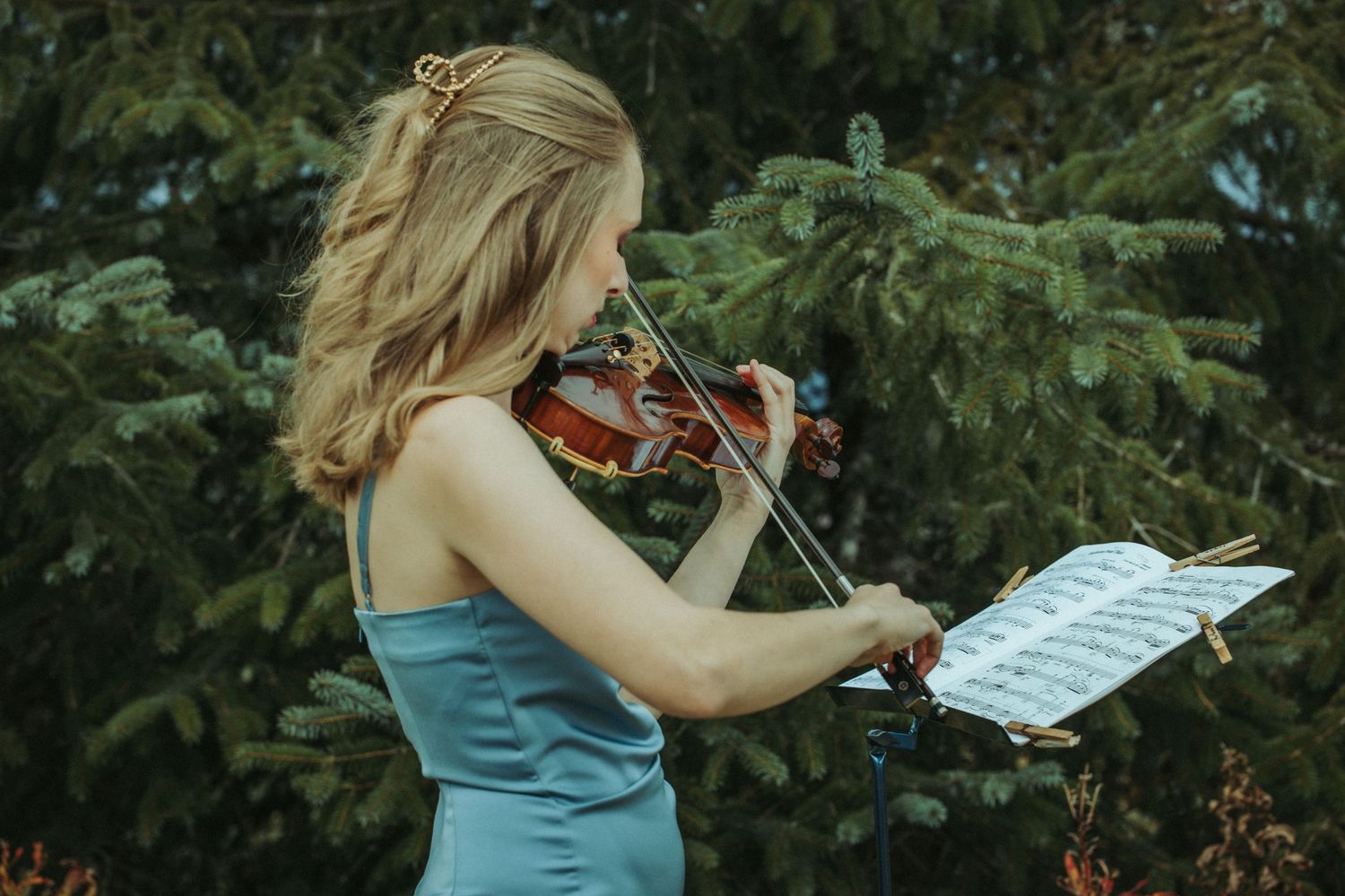 Musician performs on violin outdoors with sheet music and evergreen trees in Alaska.