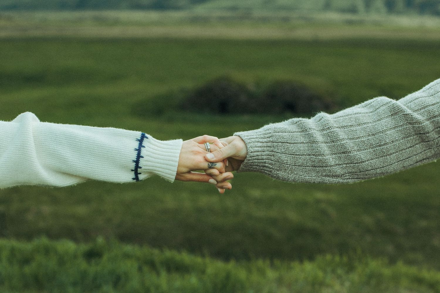 Two people holding hands wearing cozy sweaters against green landscape background.
