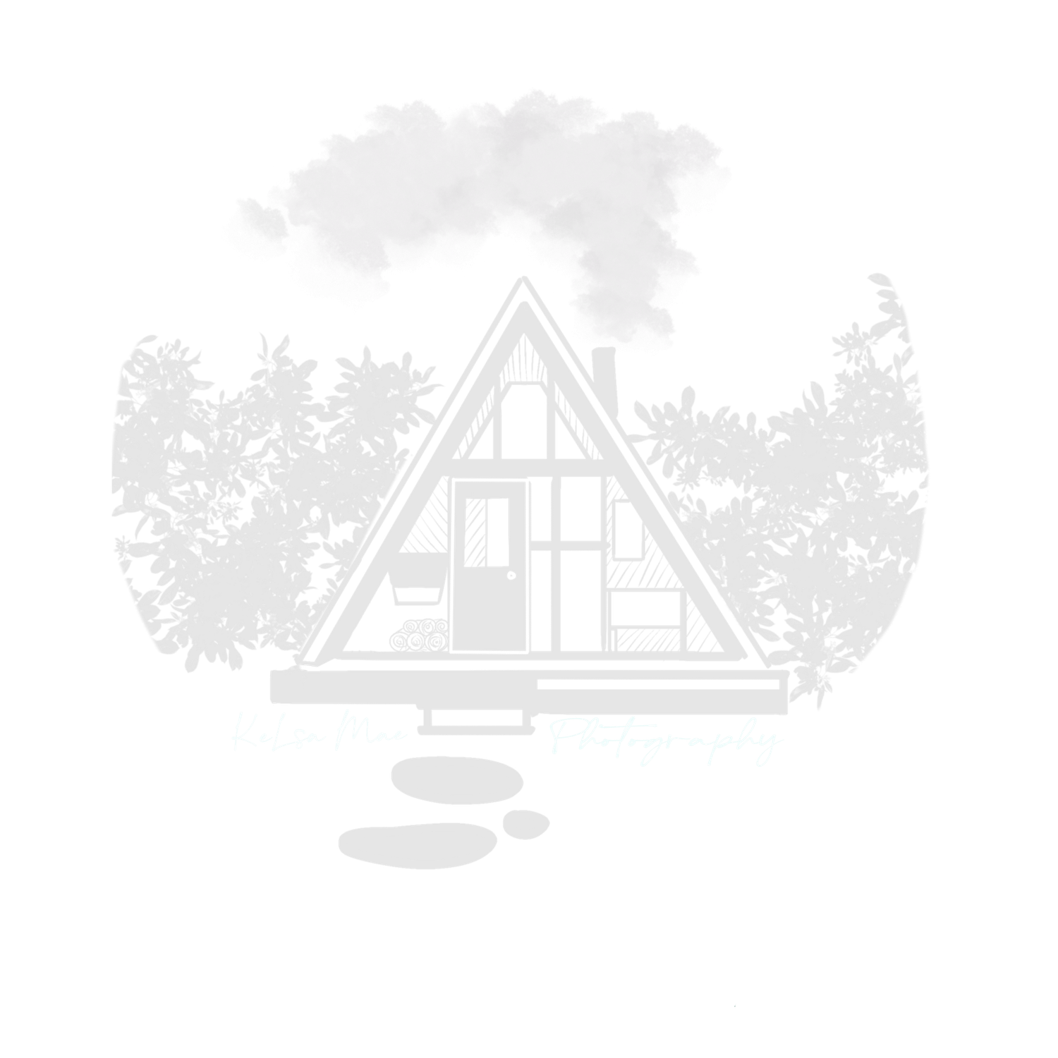 Soft gray minimalist illustration of an A-frame cabin surrounded by trees on a white background.