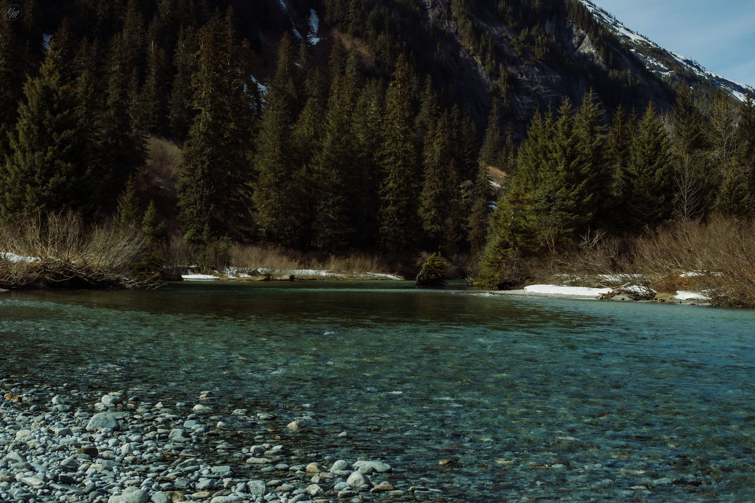 Beautiful mountain landscape with evergreen forest and turquoise river flowing through valley.