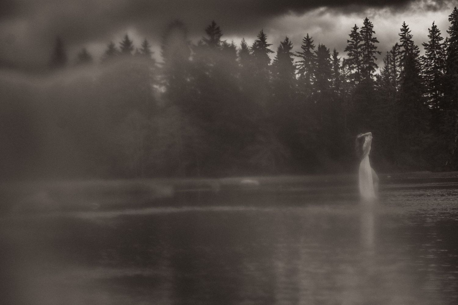 A ghostly figure stands in misty fog on a lake surrounded by dark pine trees in a moody sepia landscape.