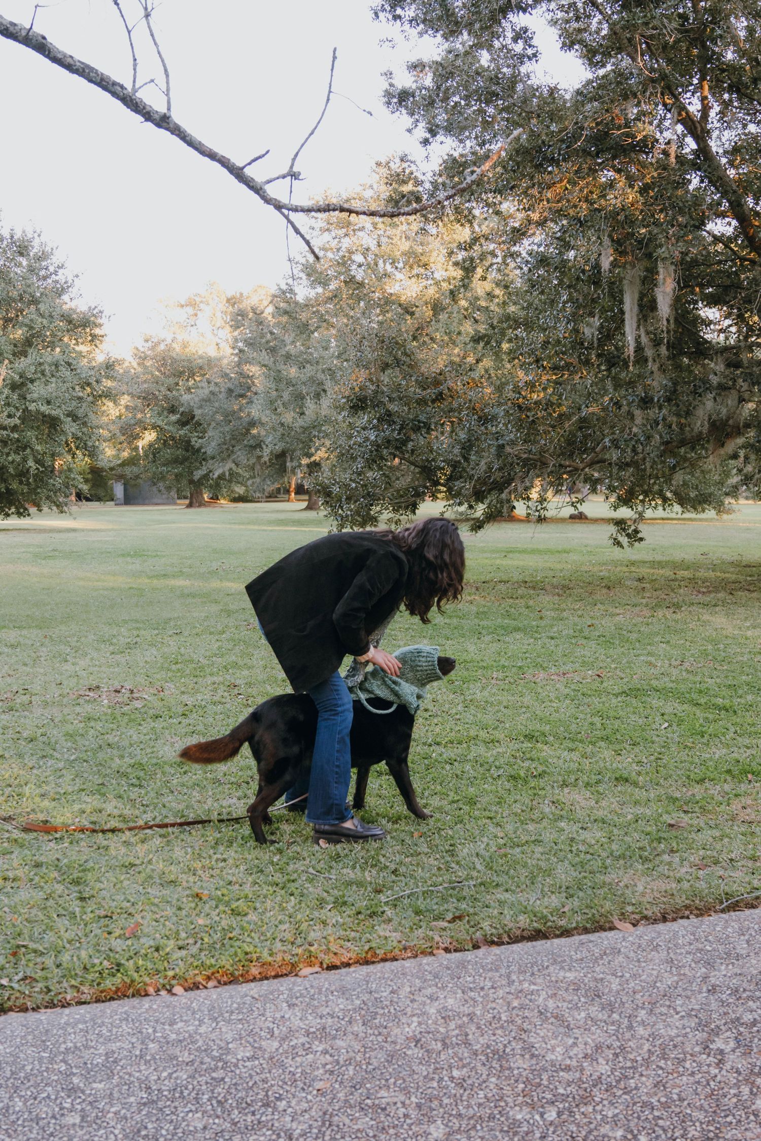 Woman in black jacket bending down to pet a black dog on a green grassy park lawn.