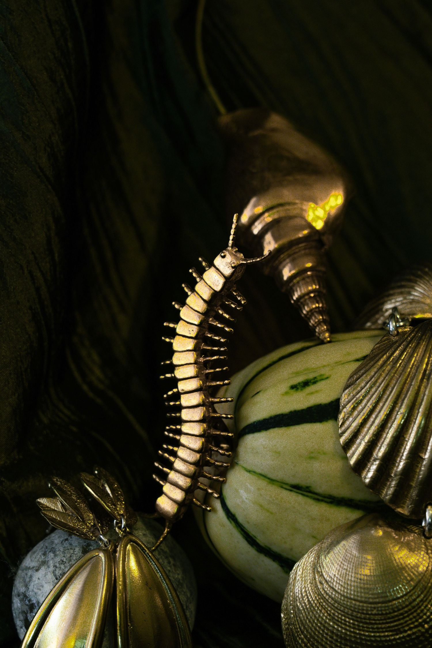 Dark still life with centipede, green squash, seashells, and gold perfume bottles.