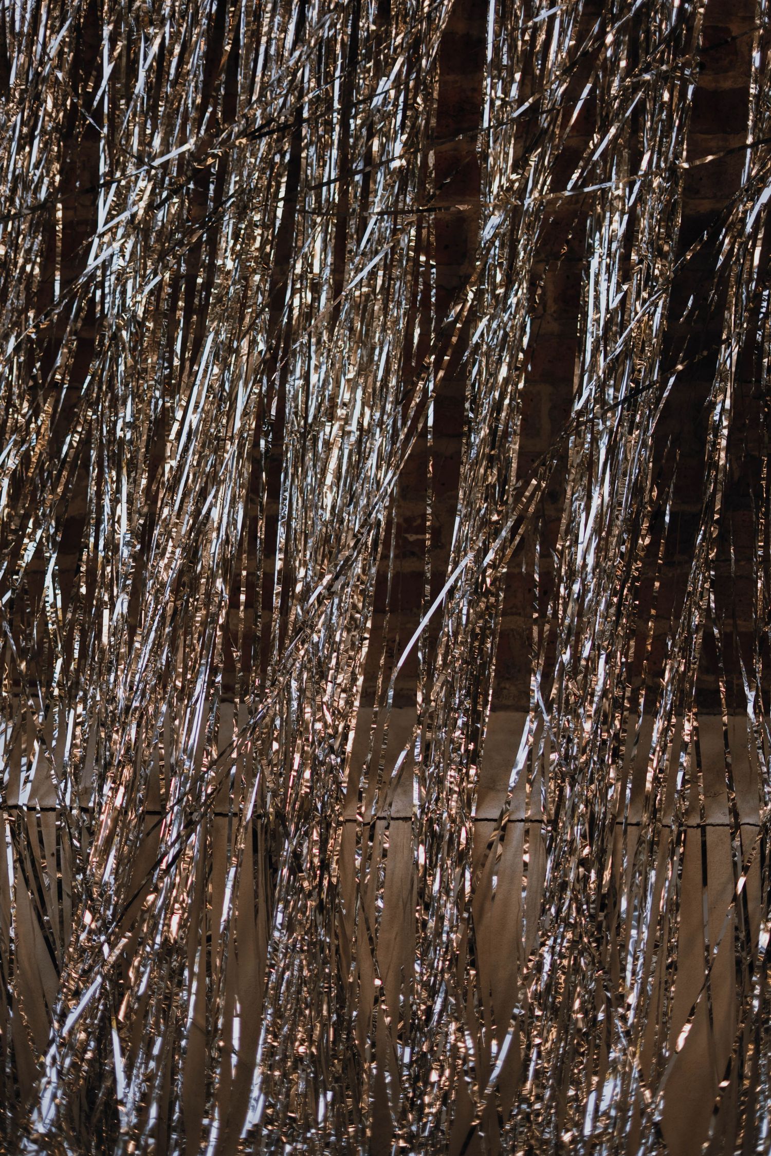 Shimmering silver and gold metallic tinsel curtain backdrop for a wedding celebration.