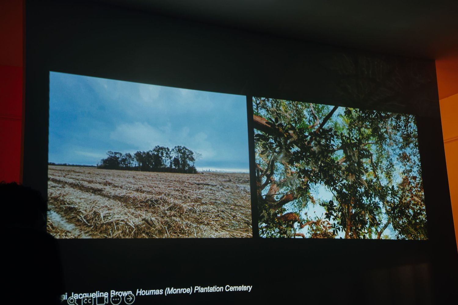 Two projected images show Houmas Monroe Plantation Cemetery fields and trees.