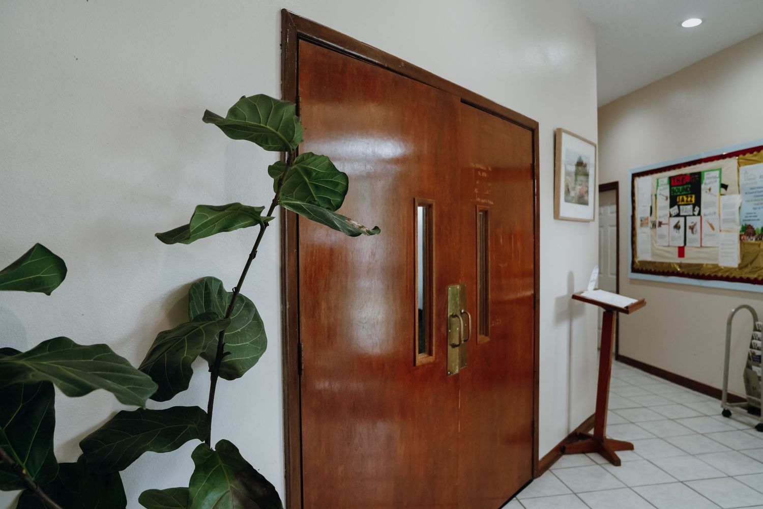 Elegant wooden double doors with large plant in bright church or institutional hallway.