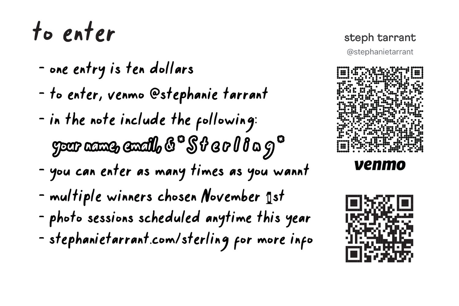 Handwritten flyer for a photo session giveaway entry with Venmo payment instructions and QR code by Steph Tarrant.