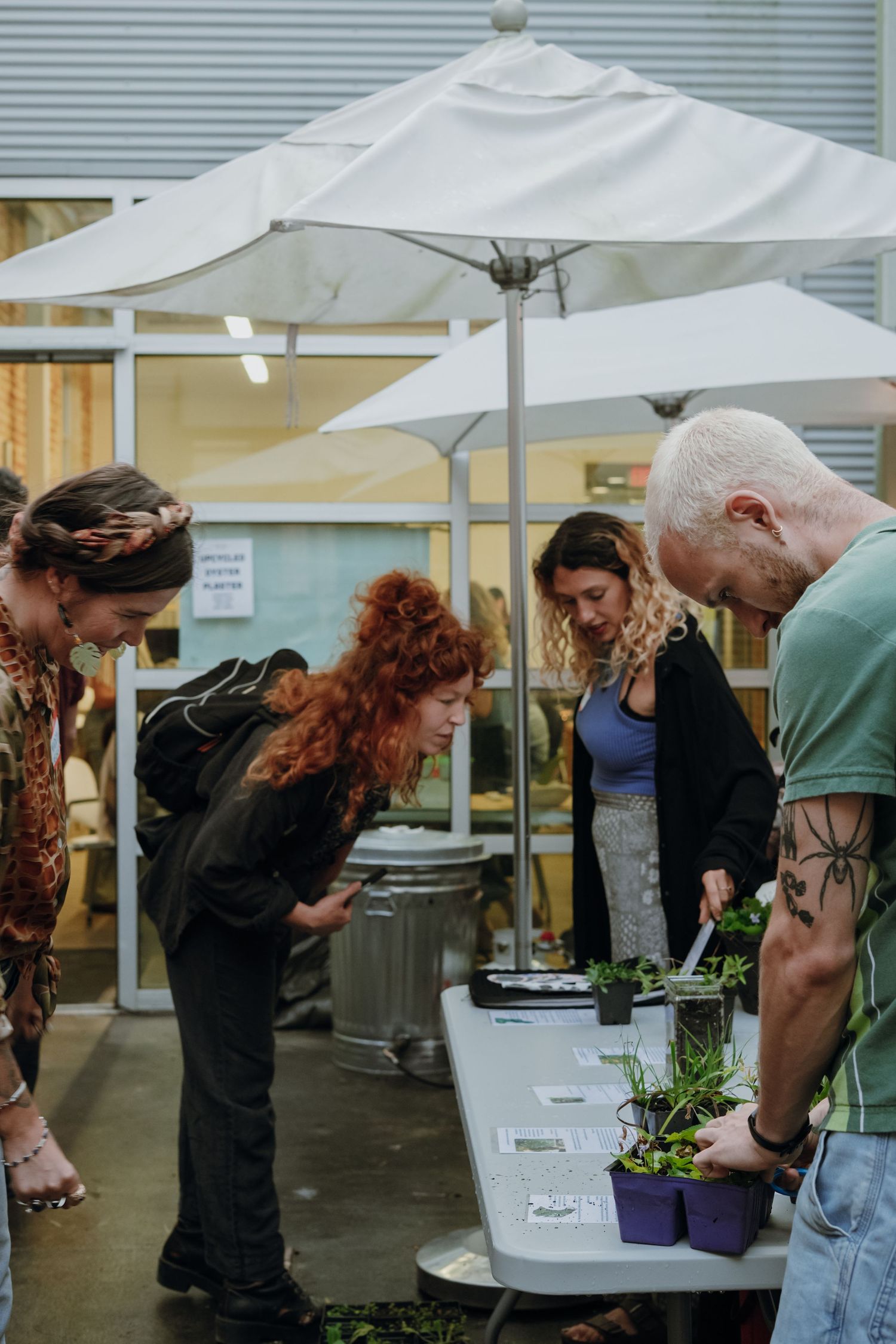 Group of people browsing small potted plants on a table at an outdoor community market event.