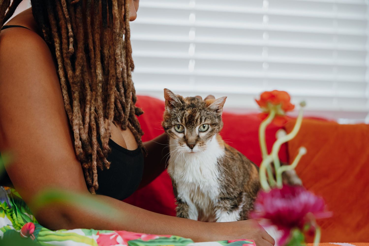 Woman with dreadlocks sitting beside a tabby cat on a colorful couch.