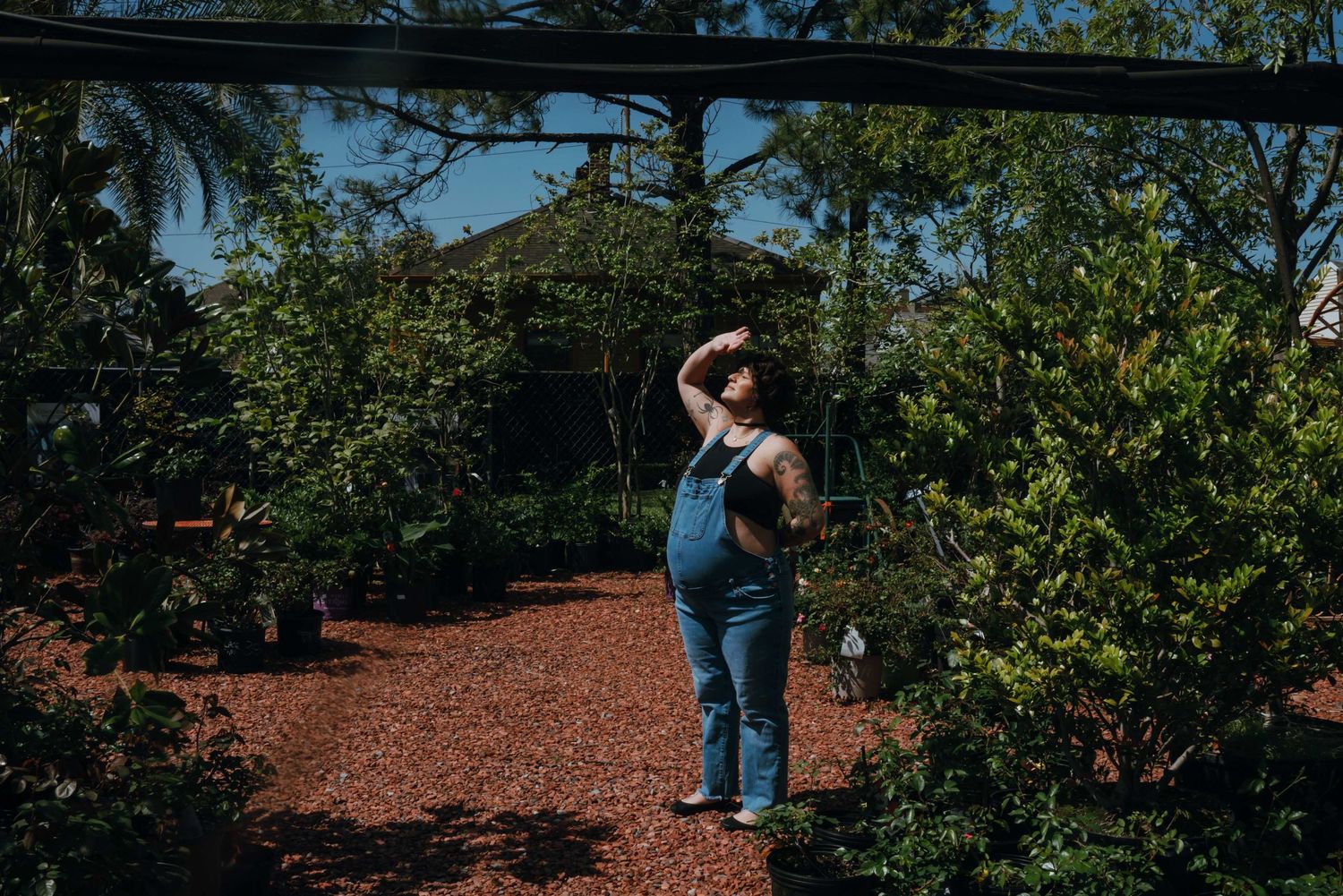 Pregnant person in denim overalls shielding eyes from sun while standing among lush green plants in a garden nursery.