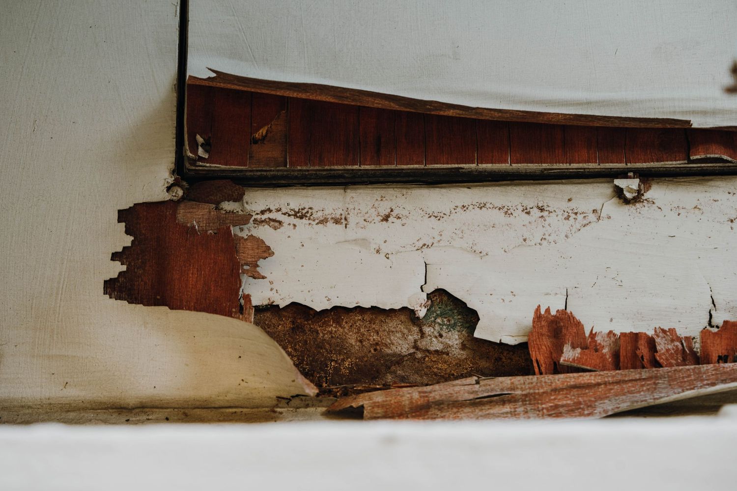 Close-up of deteriorating wall with peeling paint and rotting wood showing structural damage.