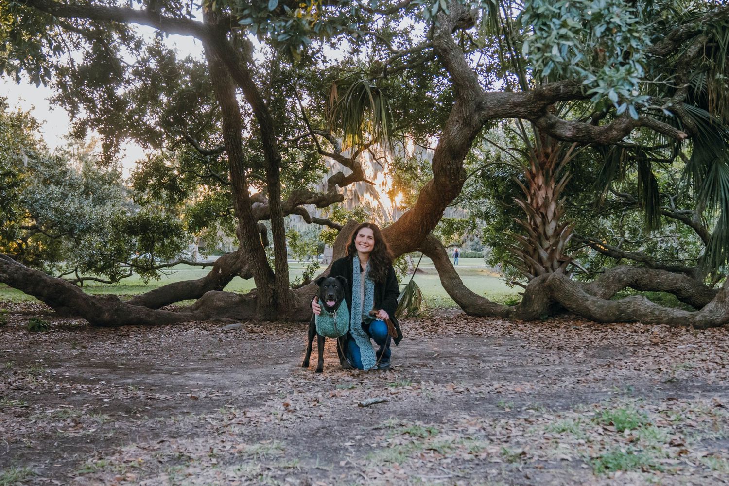 Woman smiling with black dog among sprawling oak trees at golden hour in a lush park setting.