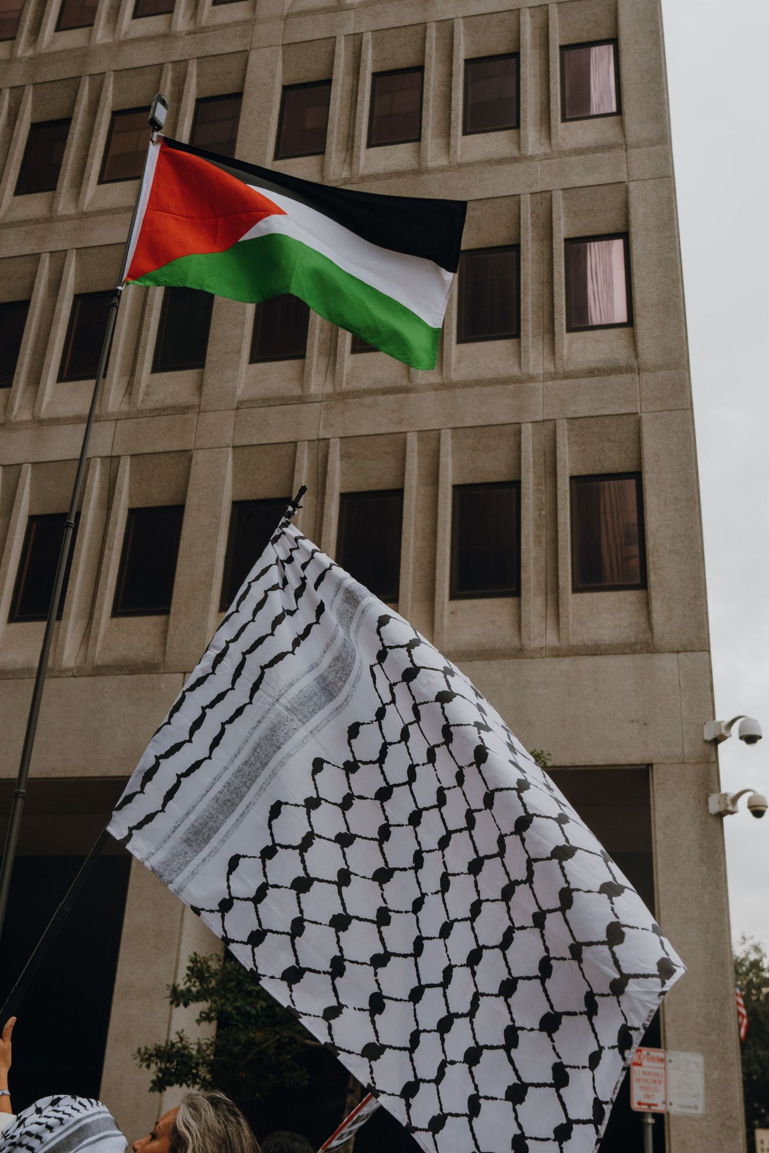 A Palestinian flag and keffiyeh wave in front of a large government building during an outdoor protest.
