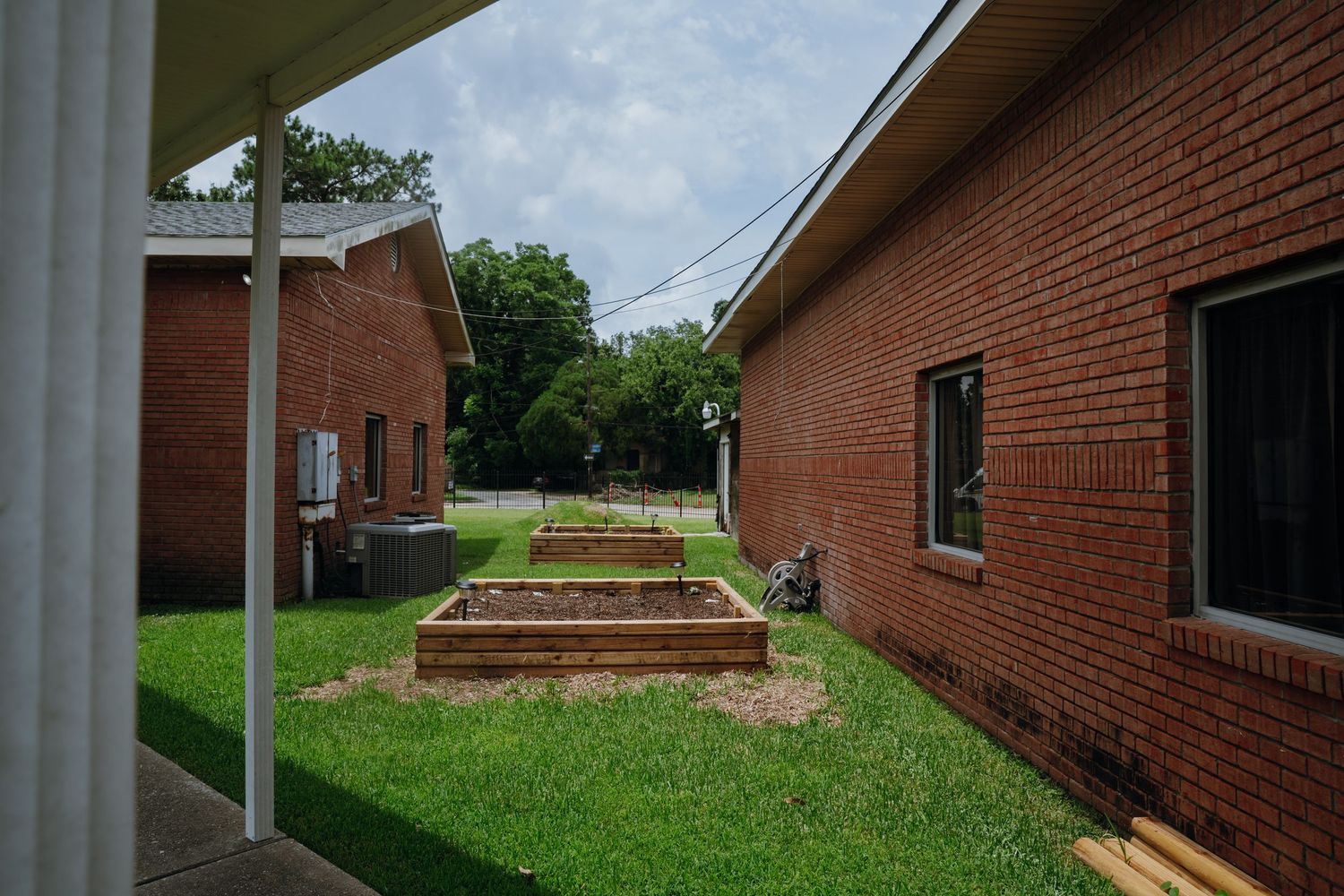 Raised garden beds in green lawn beside brick building exterior on cloudy day.