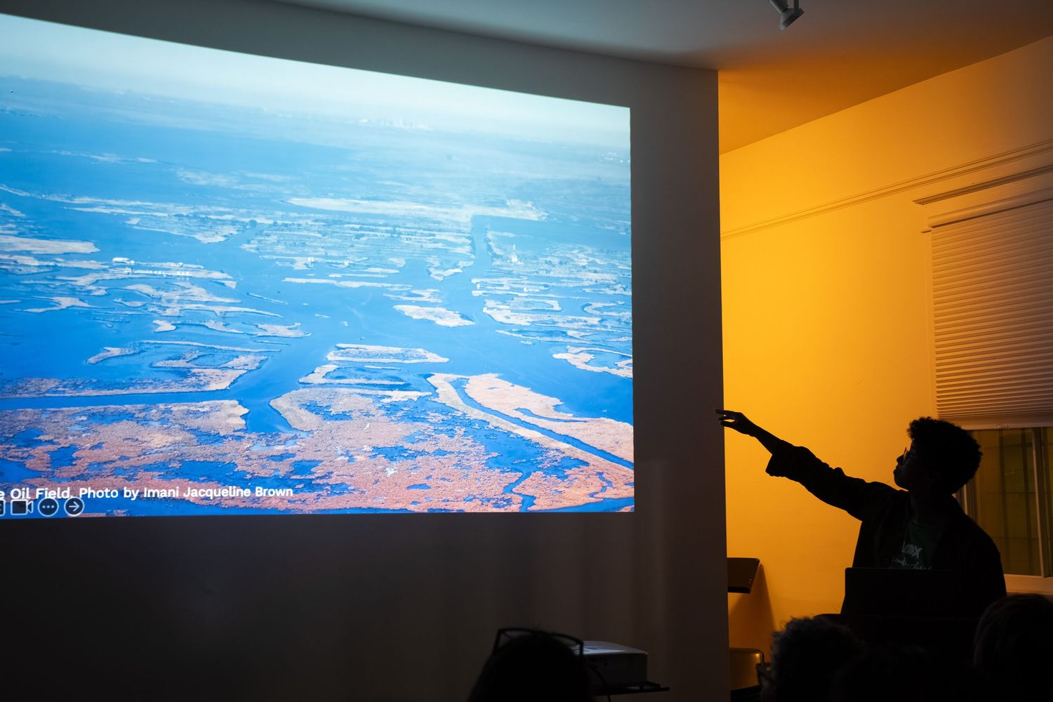 Speaker points to aerial landscape photo projected on screen during presentation.