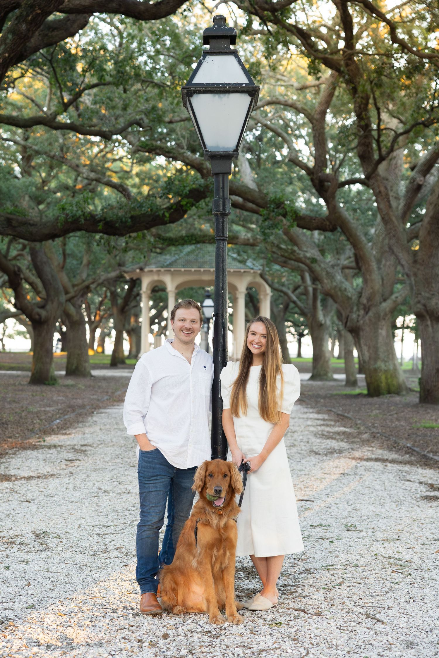 Couple and golden retriever dog posing by a lamp post in a tree-lined park path, woman in white dress, man in white shirt.