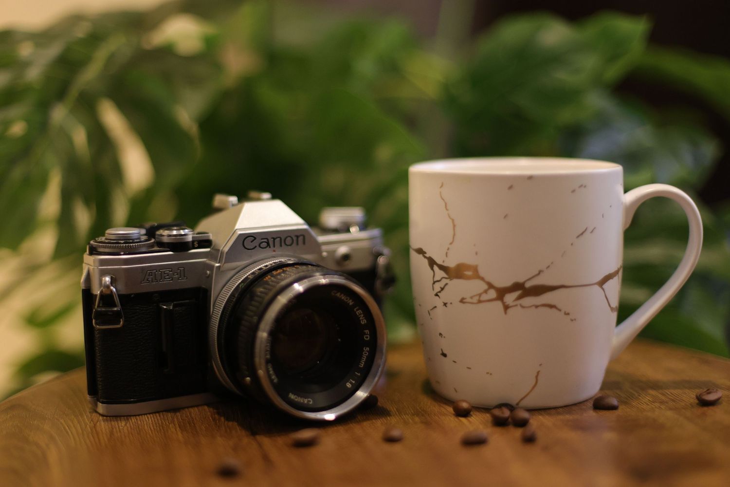 A Canon film camera sits beside a white coffee mug on a wooden surface with plants.