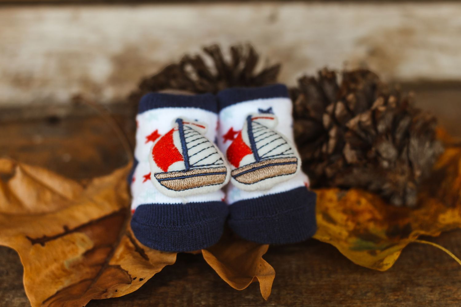 Baby shoes and ultrasound photos arranged with fall leaves for pregnancy announcement.