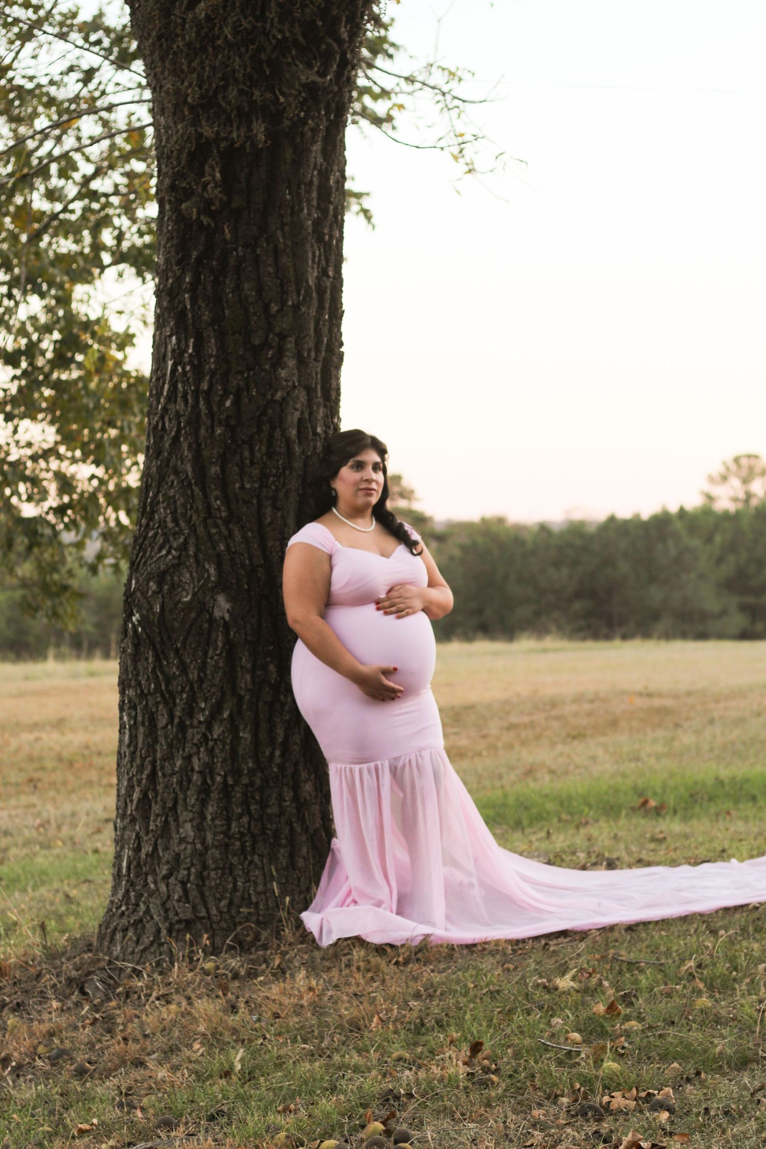 A pregnant figure in a pink flowing dress poses beside a large tree trunk in a golden field.