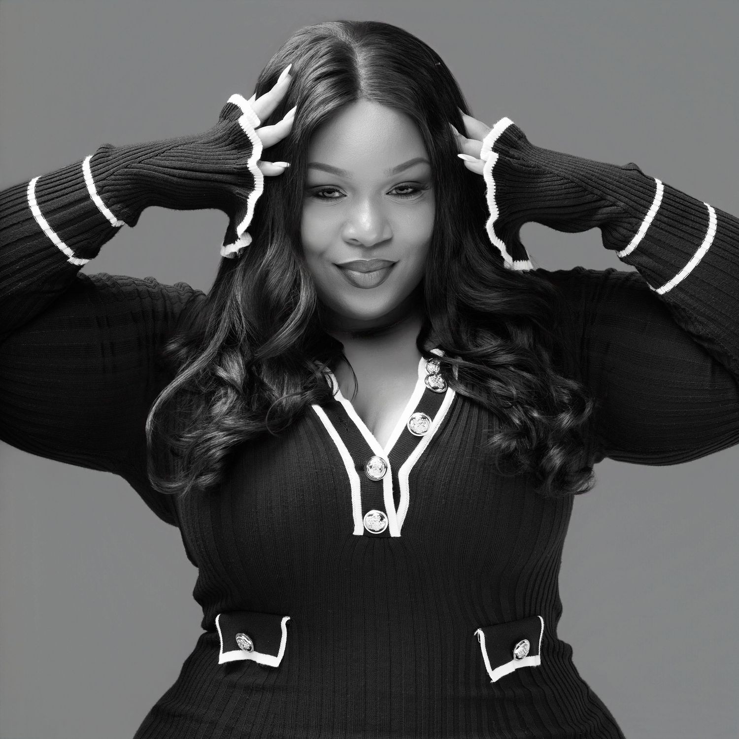 Black and white portrait series showing expressive poses in a dark sweater against a neutral background.