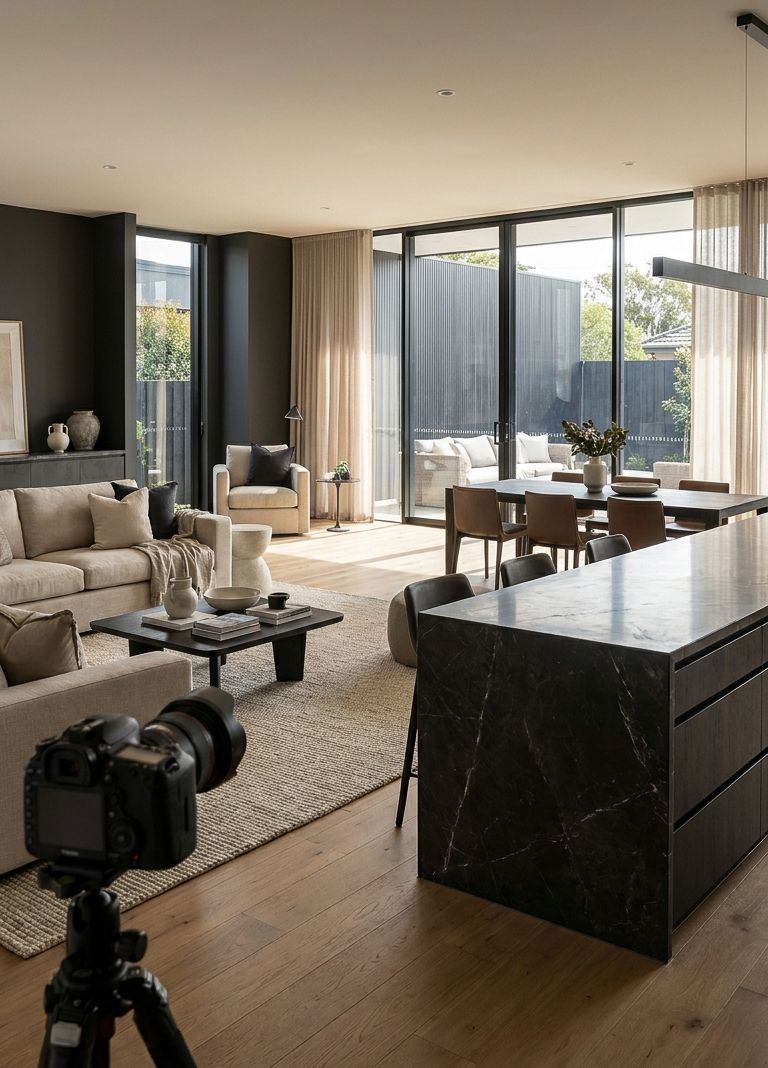 Modern open-plan living room with marble kitchen island, beige sofas, dining area, and floor-to-ceiling windows photographed on tripod.