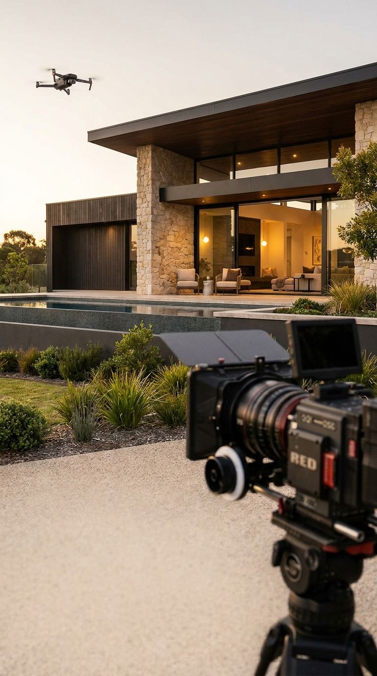 RED camera on tripod filming a luxury modern home with pool and drone flying overhead at dusk.