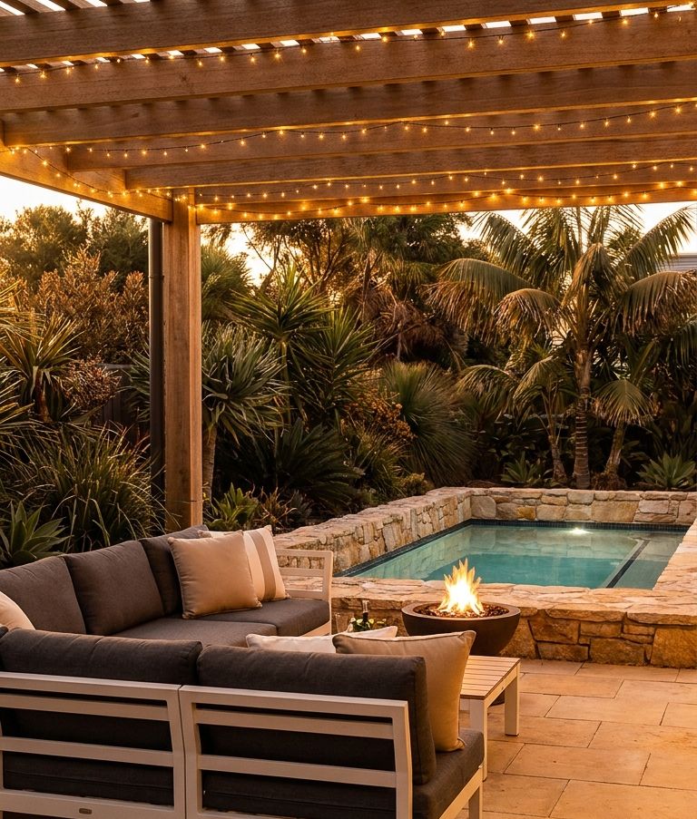 Outdoor patio with string lights, sectional sofa, fire pit, and pool surrounded by lush tropical plants at dusk.