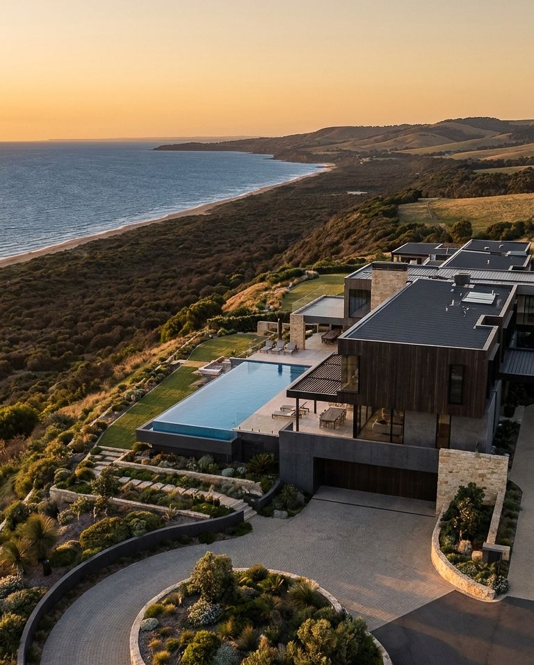 Aerial view of a luxury coastal mansion with infinity pool at sunset, overlooking rolling hills and ocean shoreline.