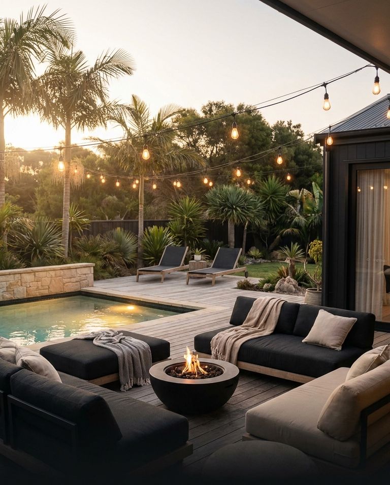 Luxurious outdoor patio with black sectional sofa, fire pit, string lights, pool, and tropical landscaping at sunset.