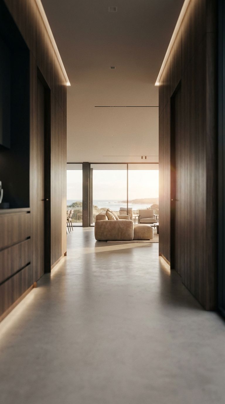 Modern hallway with warm wood panels, concrete floors, and a sunlit living room with ocean views in the background.