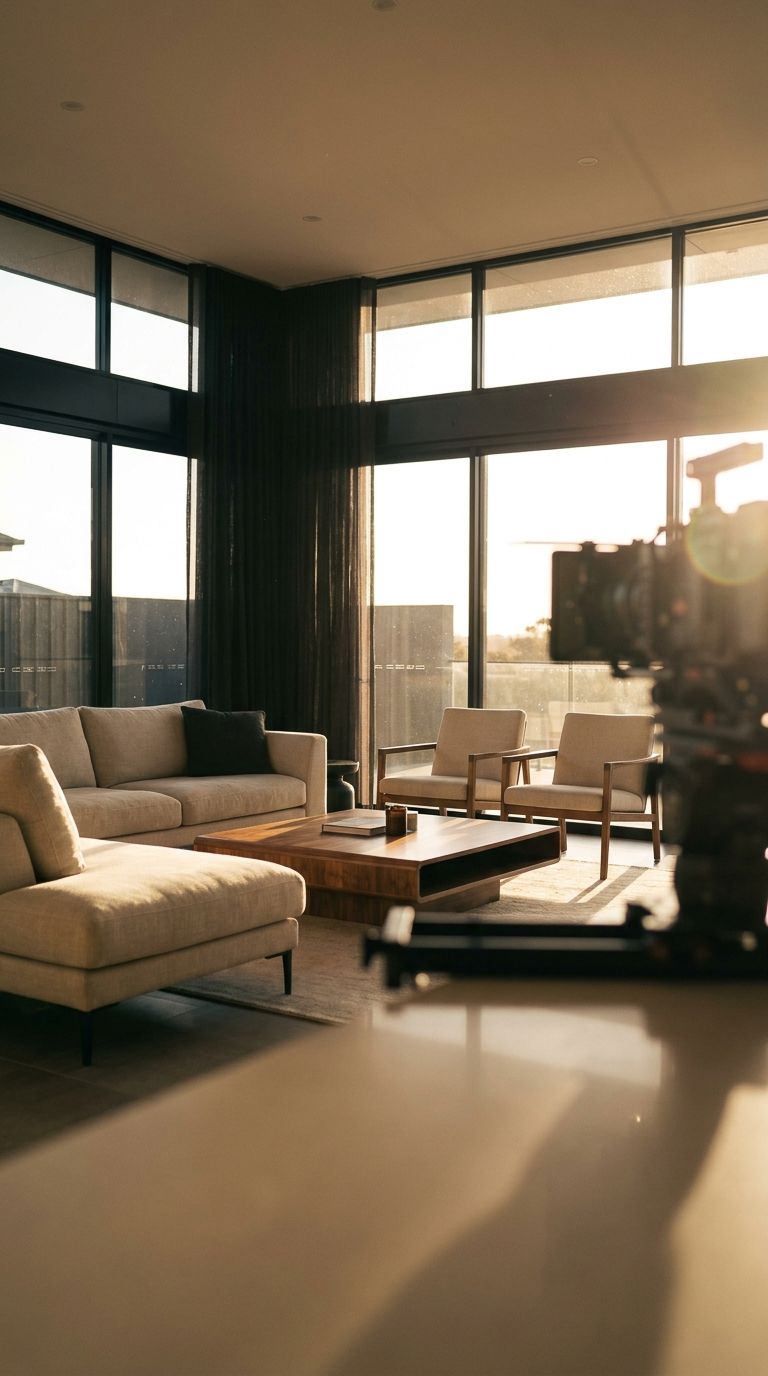 Modern living room with beige sectional sofa, wooden coffee table, and floor-to-ceiling windows bathed in warm golden sunlight.