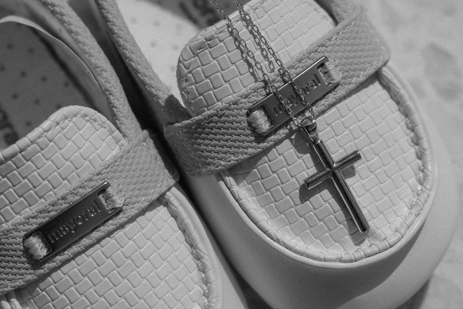 Close-up of white shoe for christening in Cyprus.
