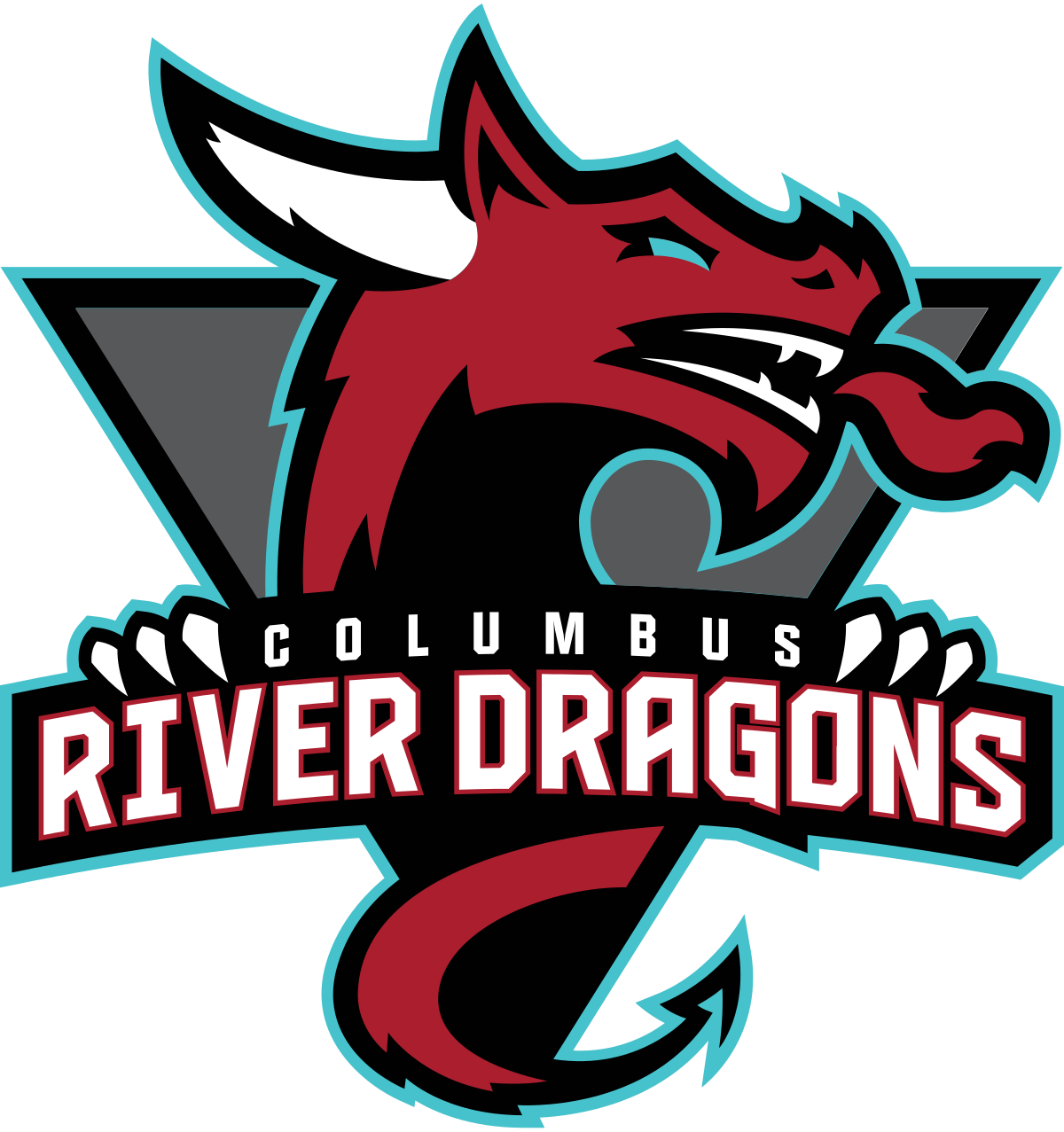 A stylized red dragon logo for the Columbus River Dragons sports team featuring teal accents and bold text.