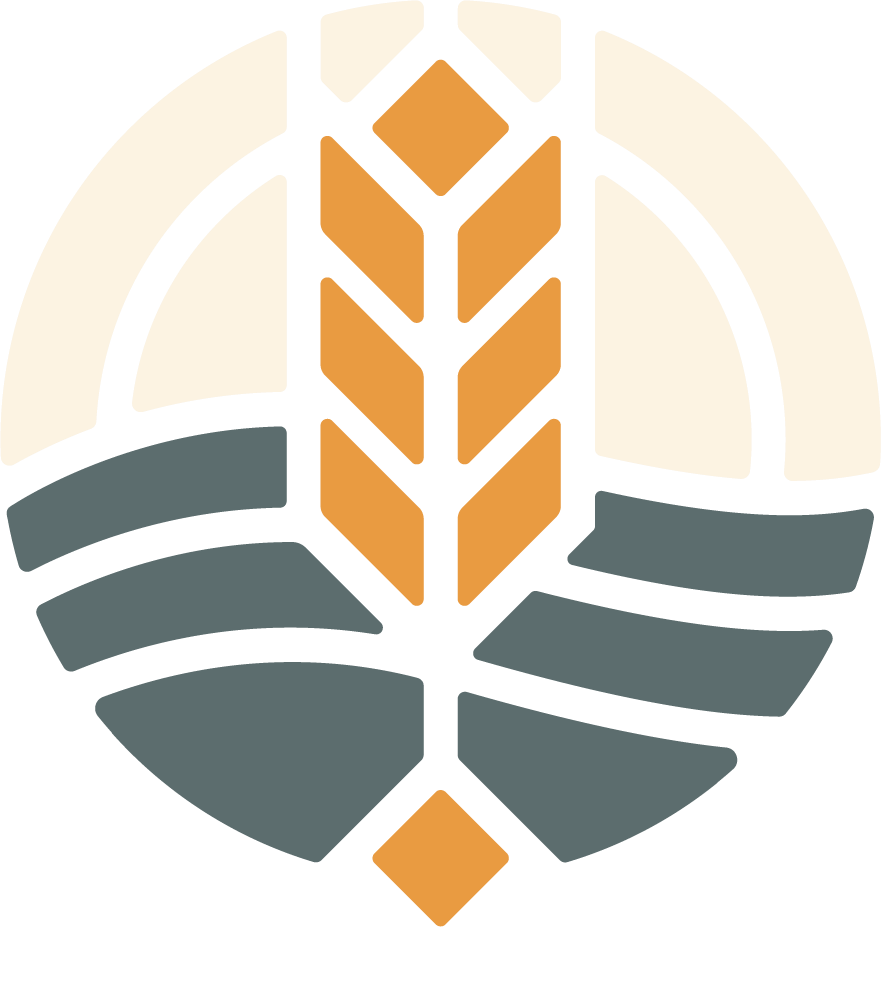 Minimalist logo design featuring a golden wheat stalk against grey waves and white arches in a circular emblem for Harvest Movement