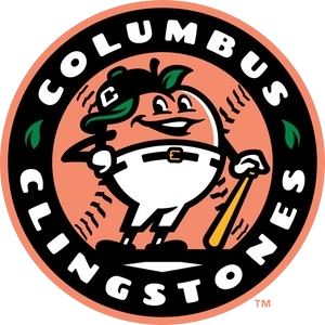 Vintage-style cartoon baseball mascot logo for Columbus Clingstones featuring an orange baseball character with cap and cane.