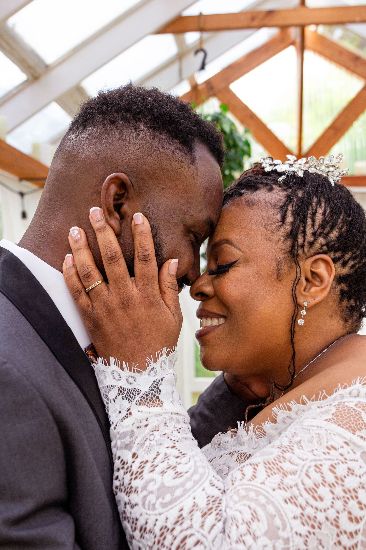 A romantic sequence of wedding photos showing a couple in formal attire sharing intimate moments together.