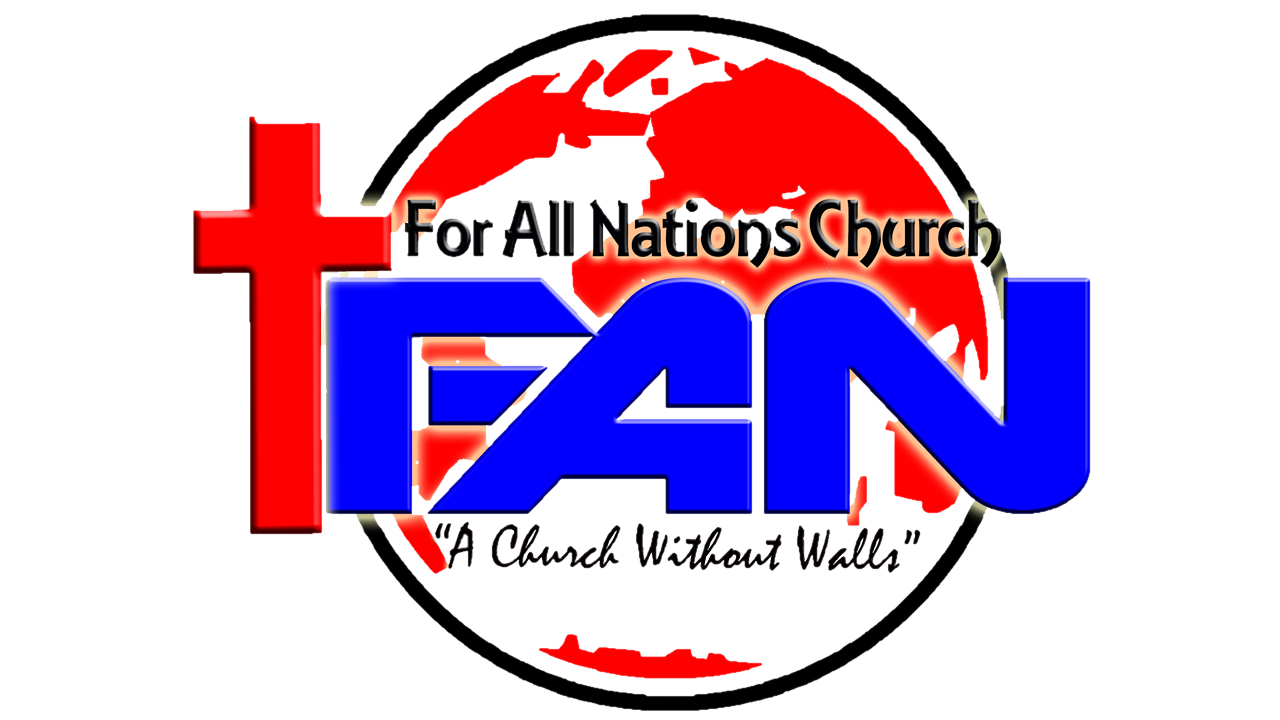 A red and blue church logo design with a cross symbol and FAN text against a black circular background. For All Nations Church Logo