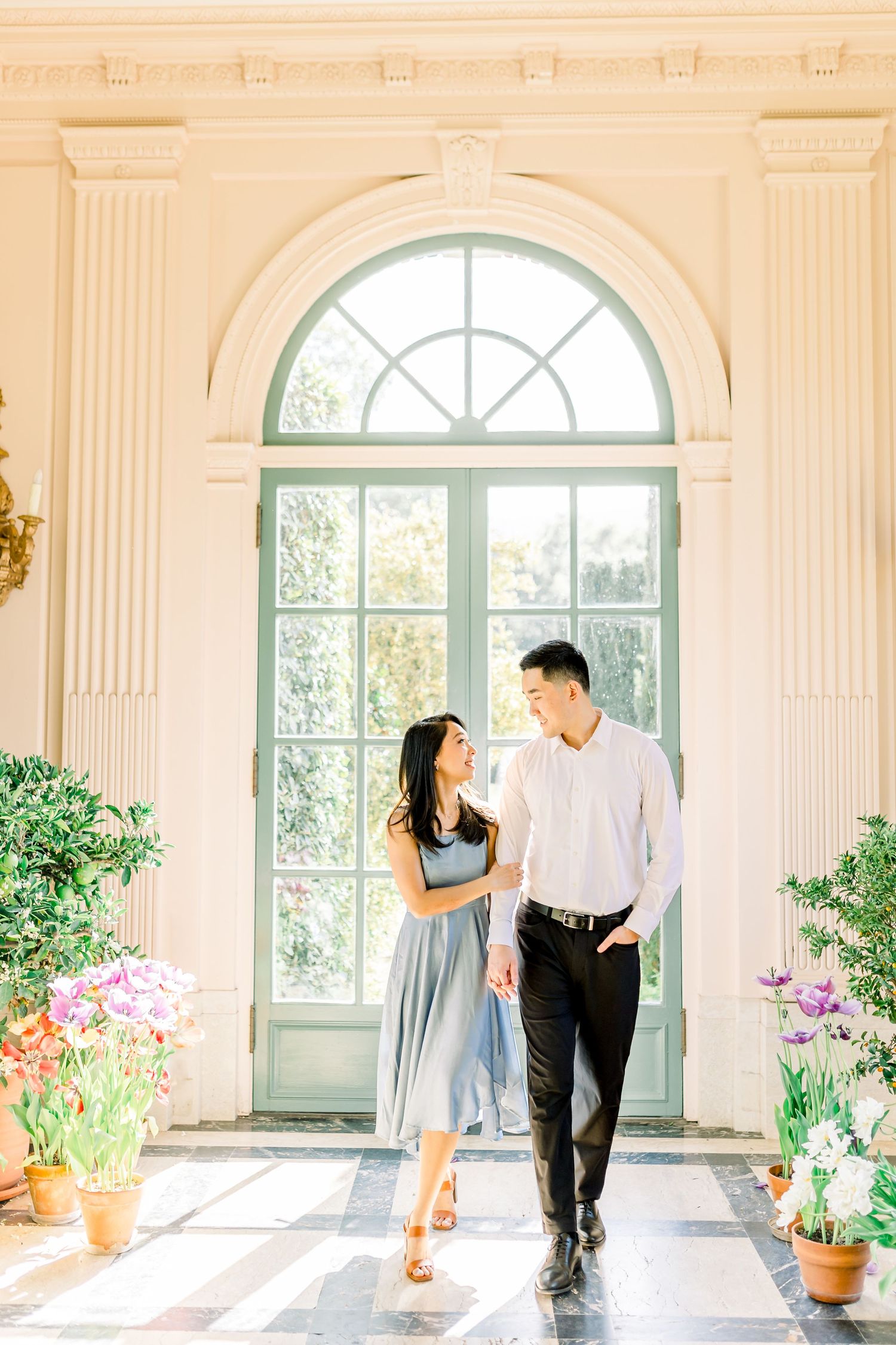 Engagement photoshoot at Filoli Estate Gardens in Woodside, CA. Greenhouse engagement photo session