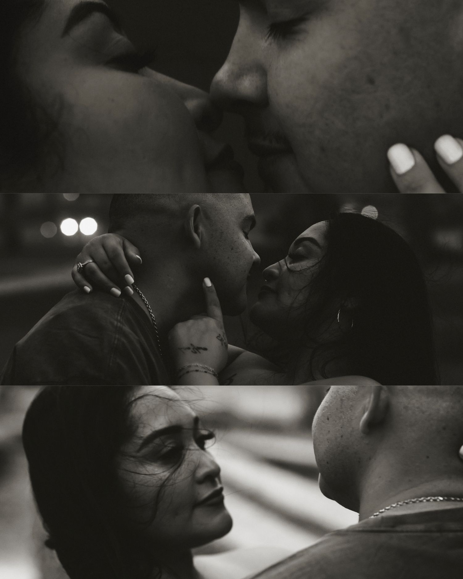 Black and white collage of an intimate couple sharing a romantic moment, captured in three dramatic close-up shots.