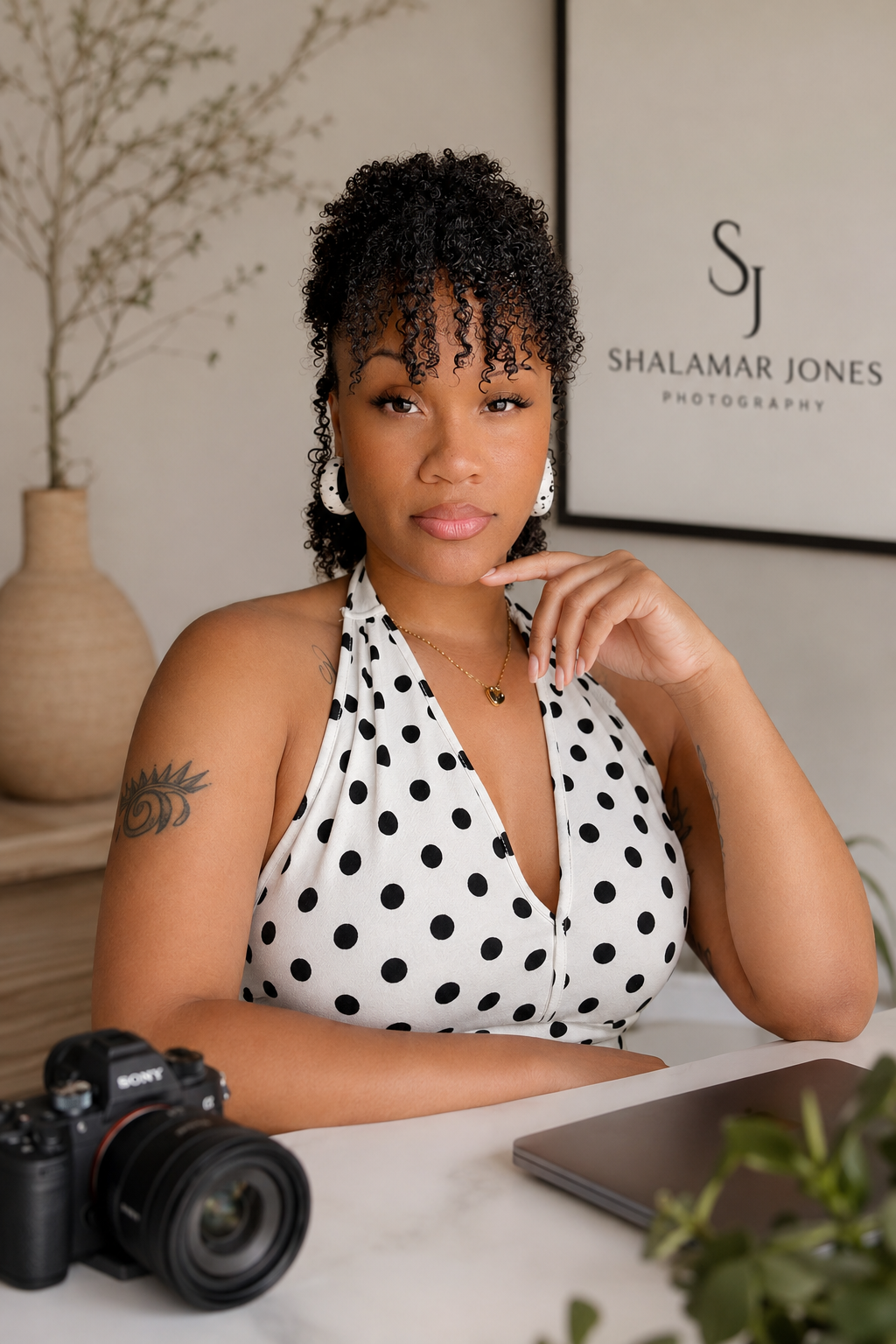 Shalamar Jones, professional photographer, poses confidently at her desk with a Sony camera in a modern studio.