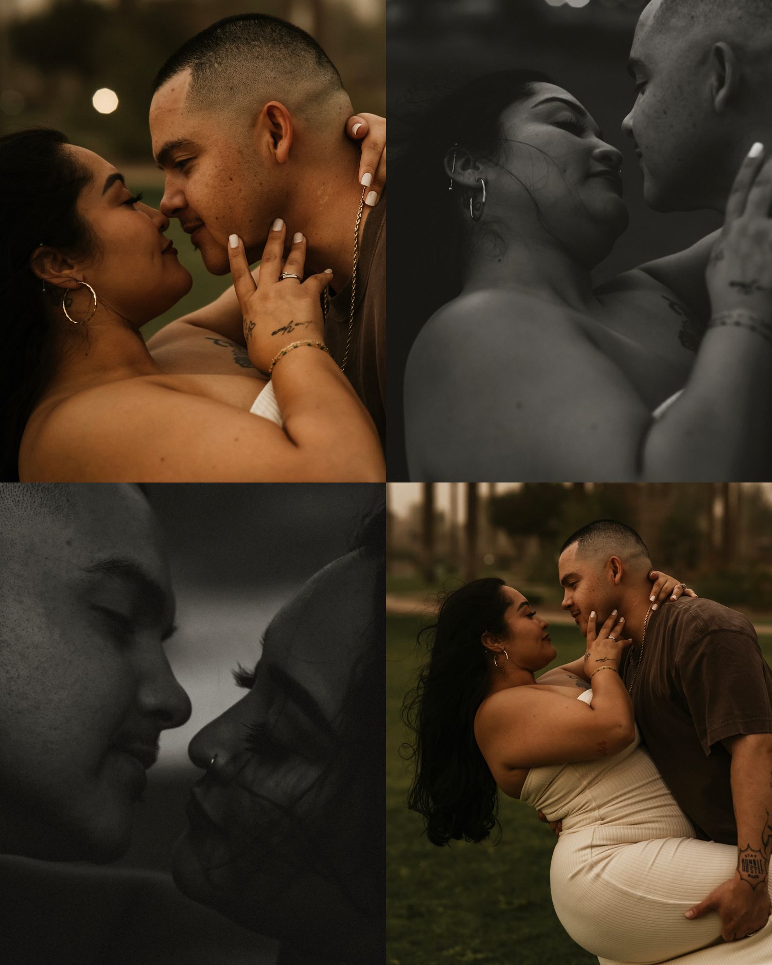 Romantic couple sharing an intimate moment, gazing into each others eyes during a dreamy outdoor engagement photo session.